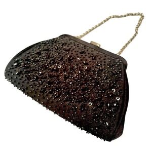 Ann Taylor Black Beaded‎ Clutch Evening Bag Purse Silver Chain